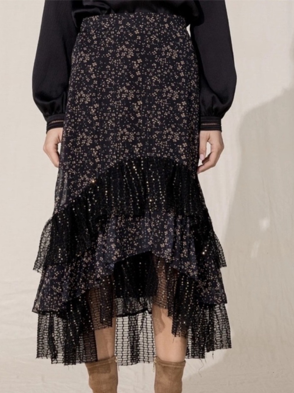 Miss Me Small Skirt Ruffled floral printed midi with sequins black tulle NWT